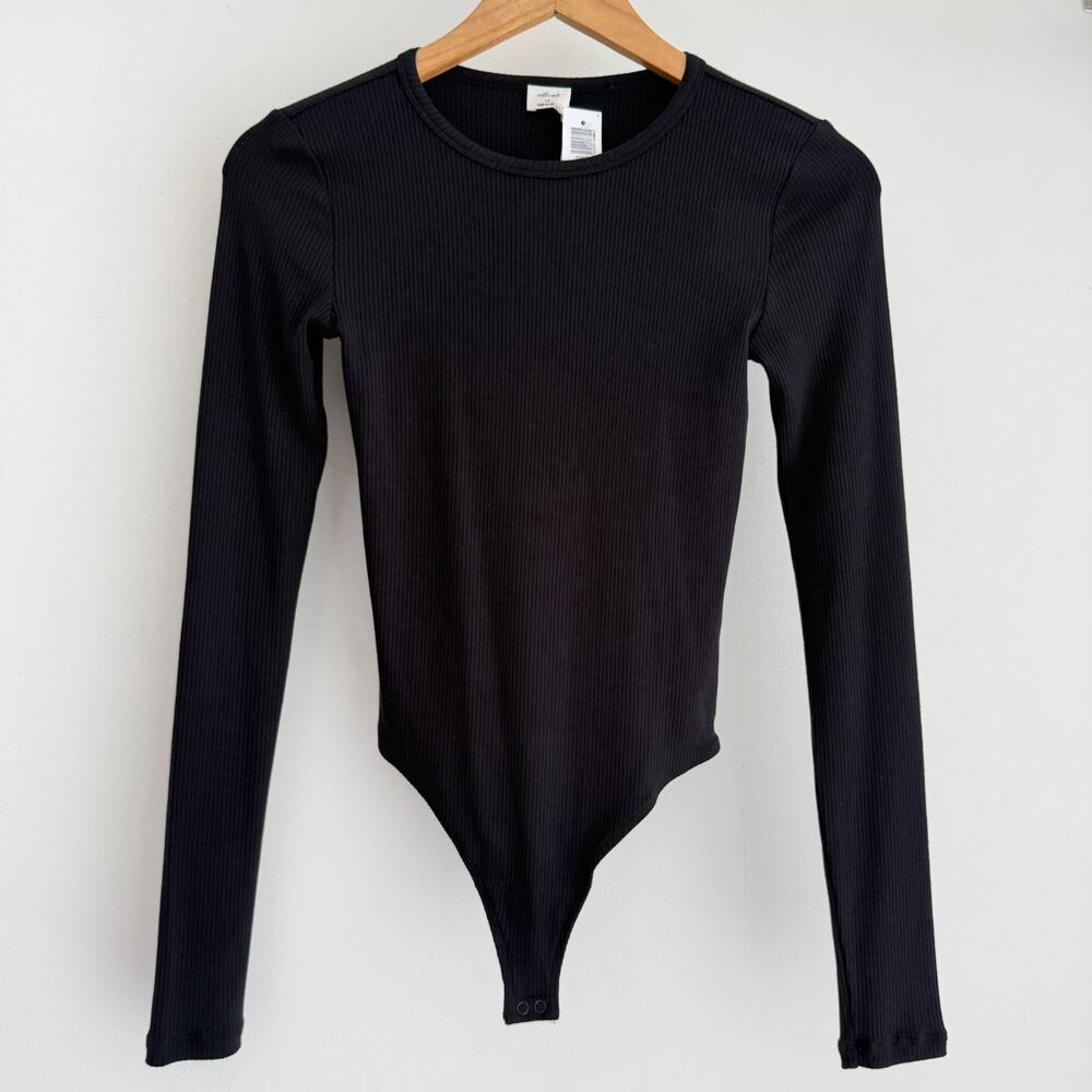 Aritzia Wilfred Bodysuit Top XS Black Ribbed Knit Tencel Modal Minimalist Luxury